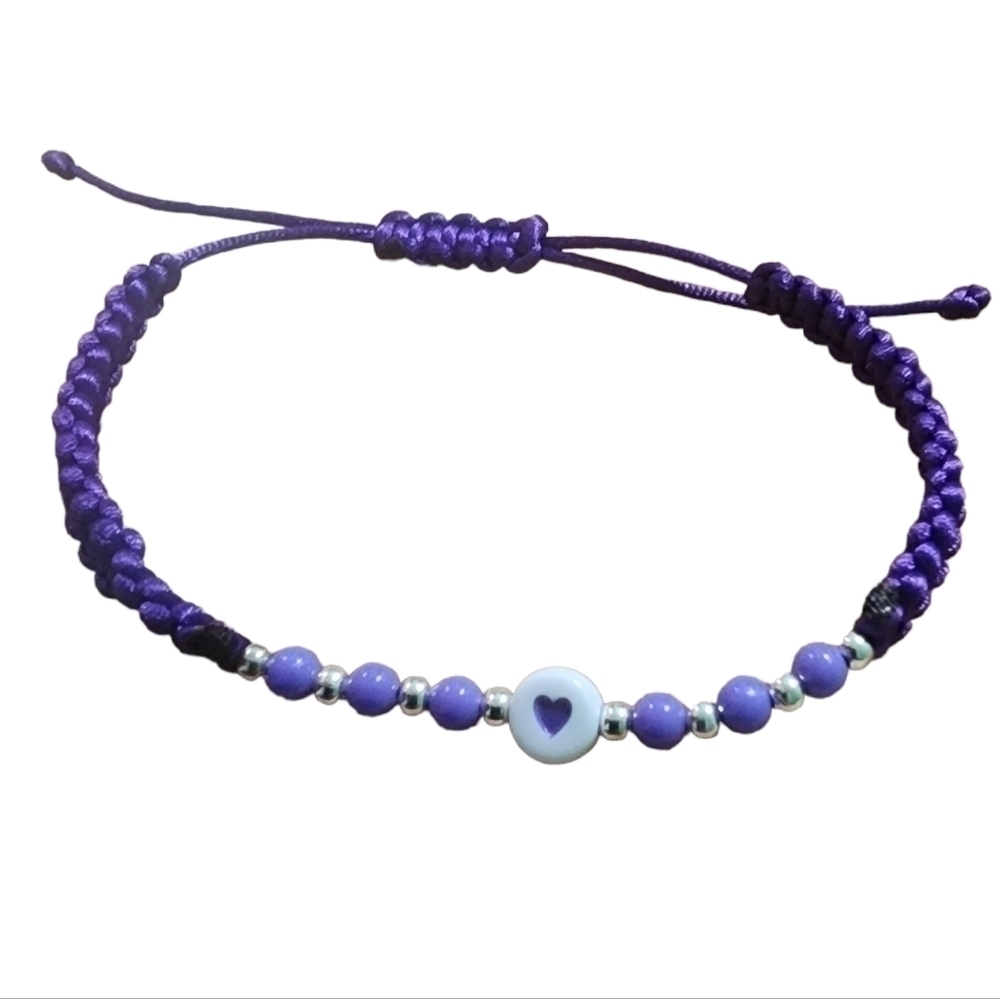 Handmade Purple Adjustable Nylon Satin Cord Silver Round Spacer Bead and Acrylic